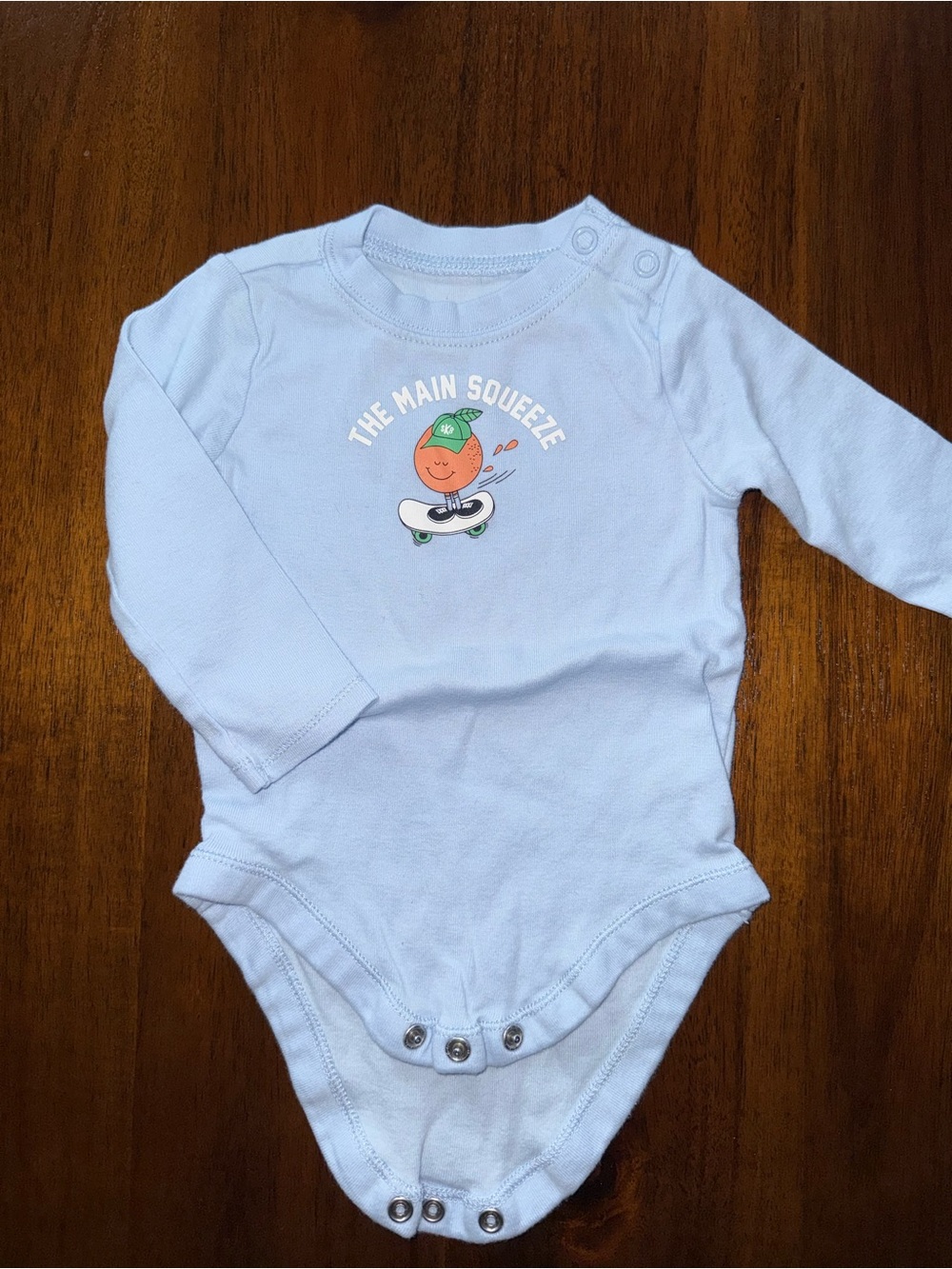 Light Blue Long-Sleeve Baby One-Piece Bodysuit with Orange Graphic